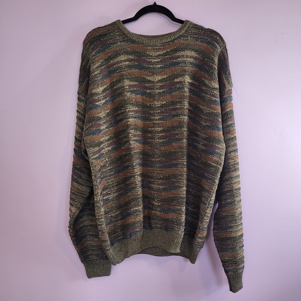 Fenzia Vintage Acrylic 3D Knit Dark Multicolor Crew Neck Grandpa Sweater
